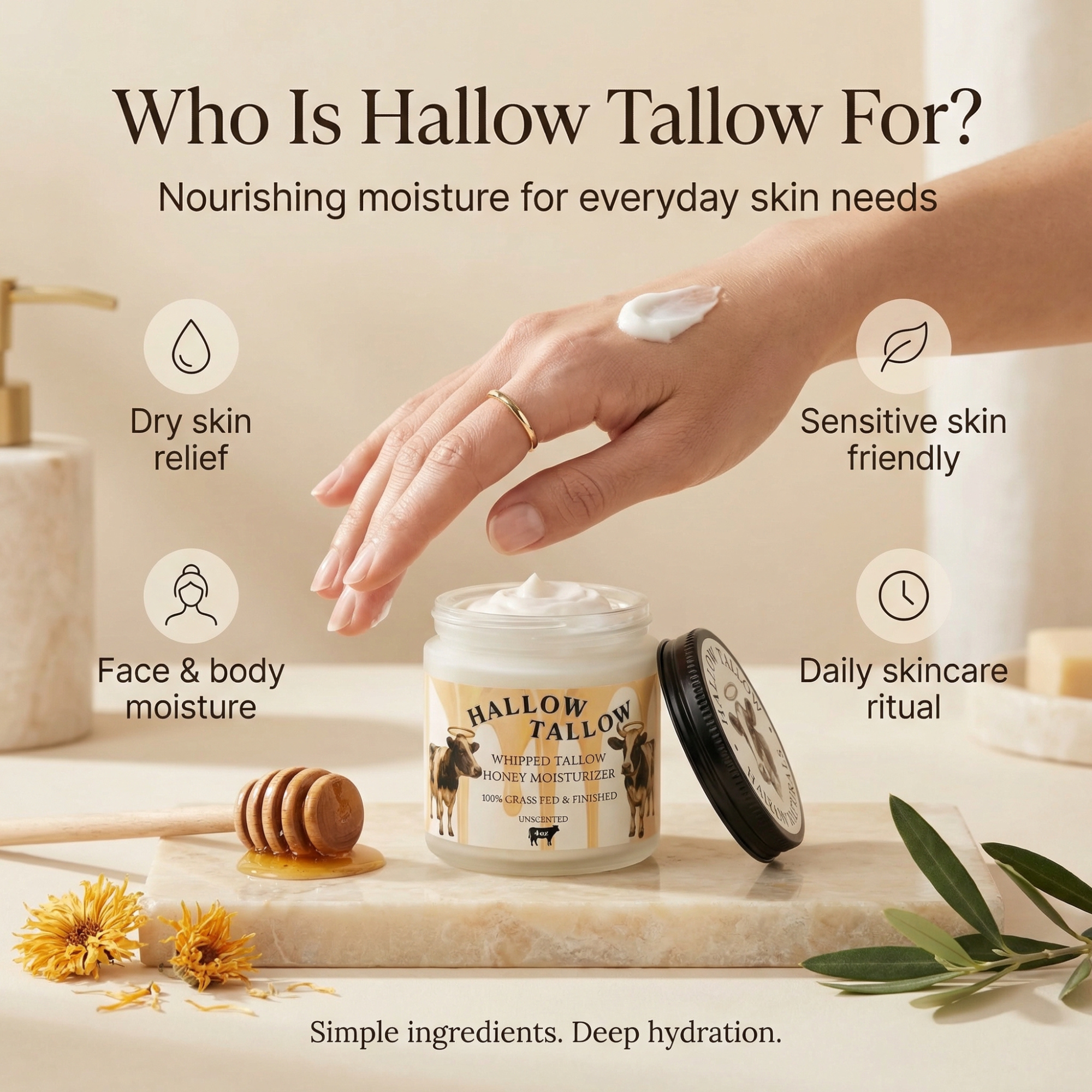 Hallow Tallow Whipped Tallow Moisturizer 4 fl oz – 100% Grass-Fed & Finished