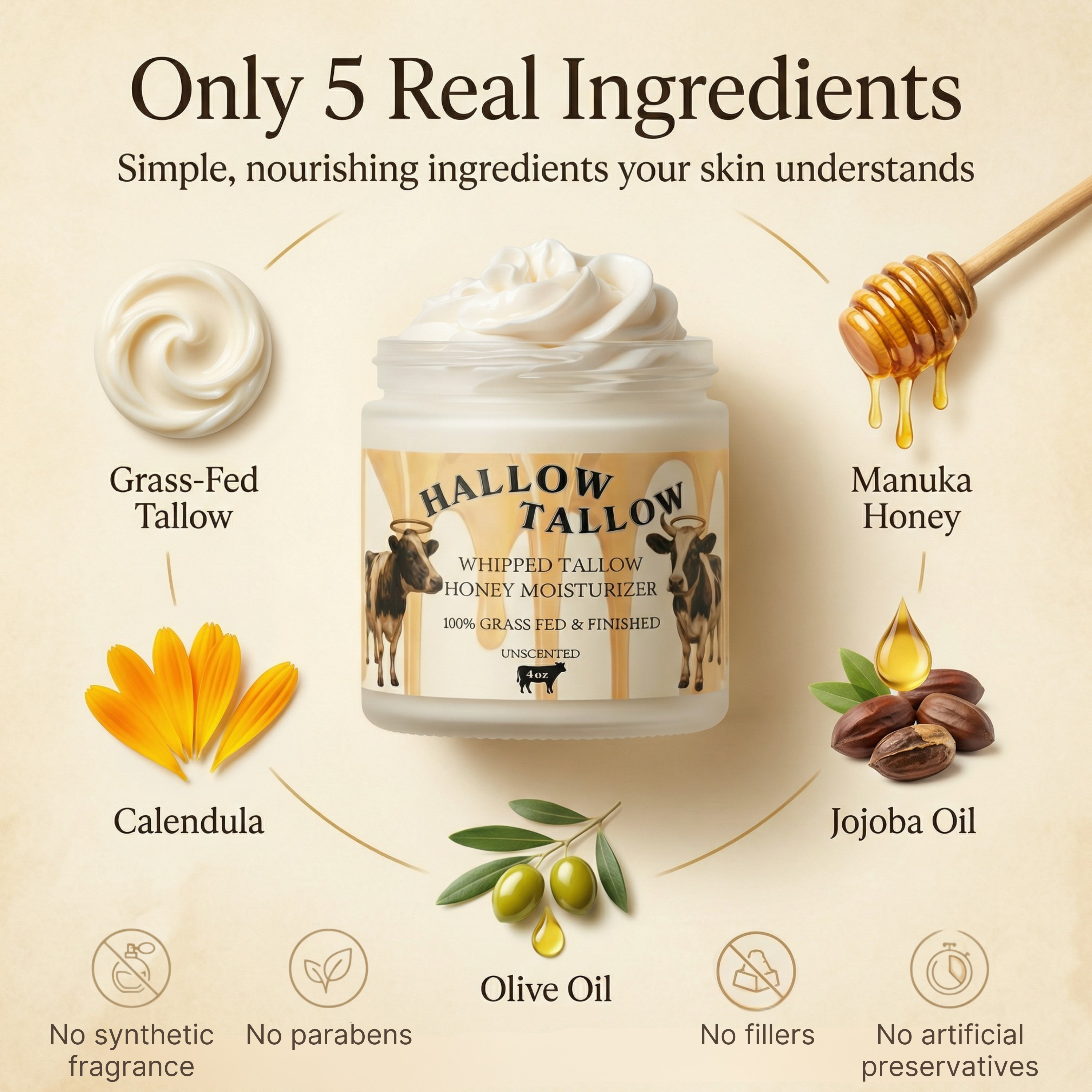 Hallow Tallow Whipped Tallow Moisturizer 4 fl oz – 100% Grass-Fed & Finished