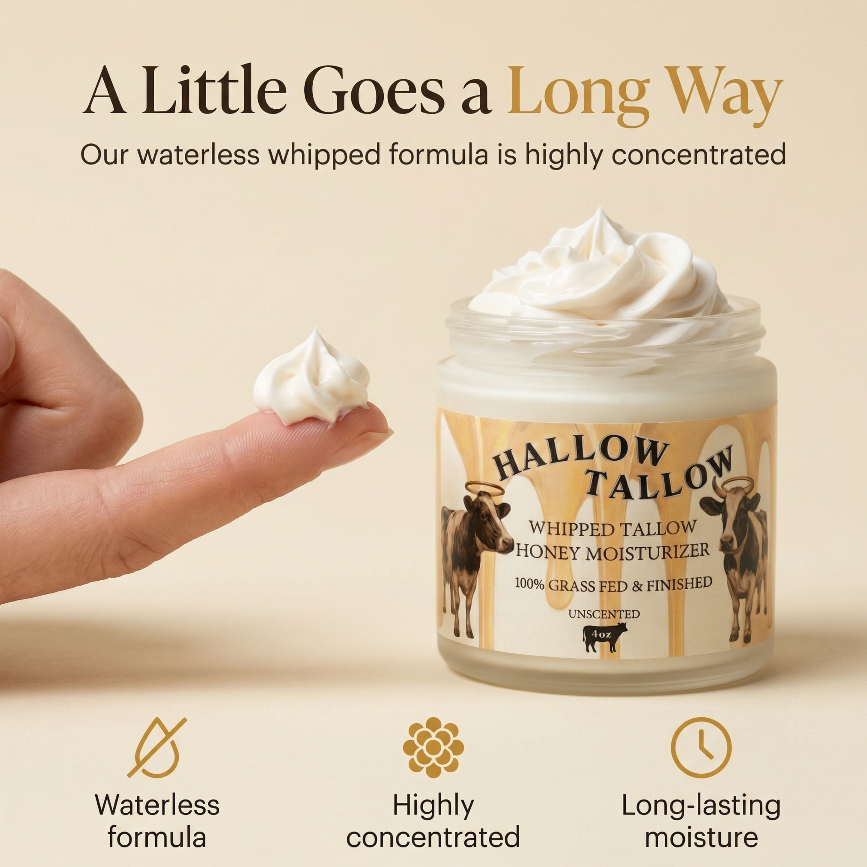 Hallow Tallow Whipped Tallow Moisturizer 4 fl oz – 100% Grass-Fed & Finished