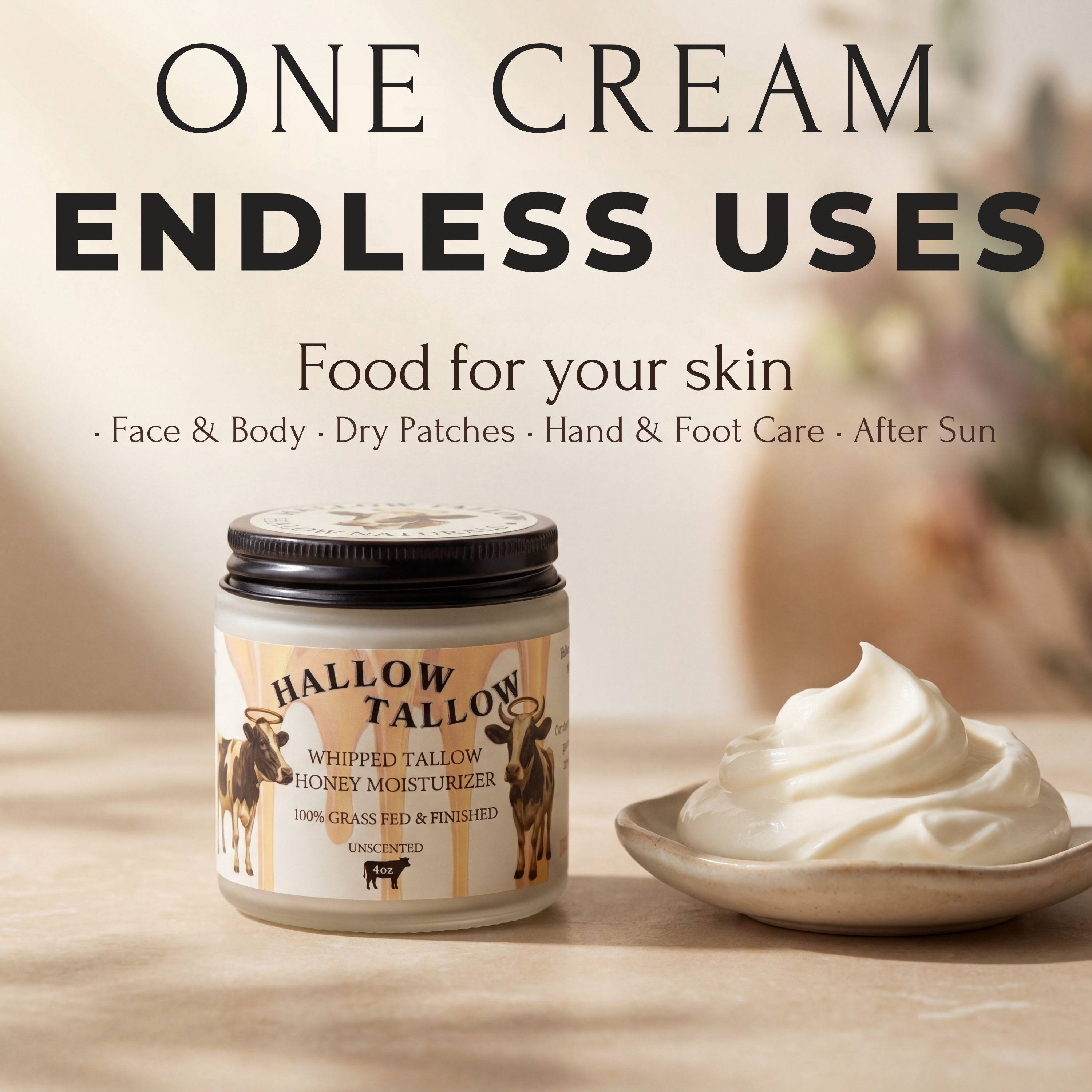 Hallow Tallow Whipped Tallow Moisturizer 4 fl oz – 100% Grass-Fed & Finished