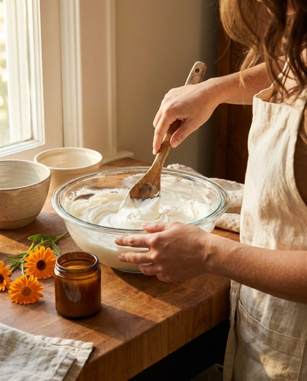 Hands folding whipped tallow with a wooden spatula in a glass bowl beside calendula flowers on a wooden counter
