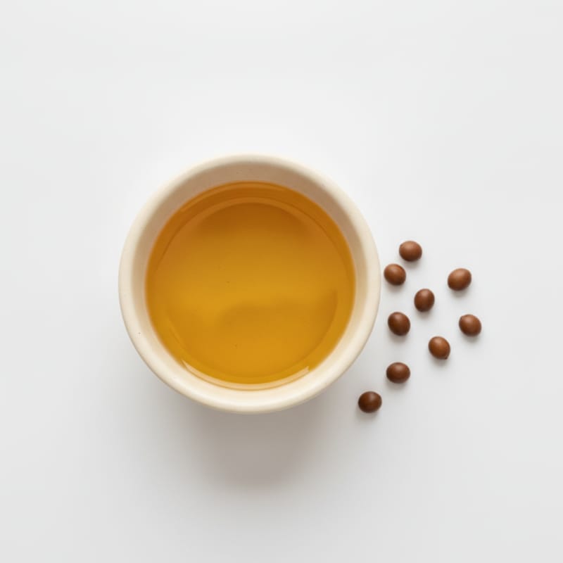 Golden jojoba oil with jojoba seeds