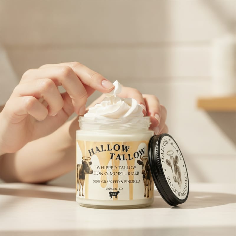 Scooping whipped tallow from the jar