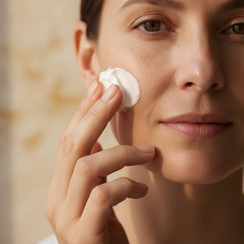 Gently pressing cream into the cheek