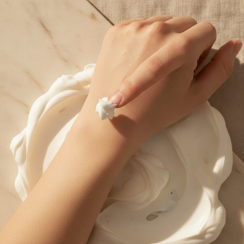 A fingertip of cream touching delicate skin